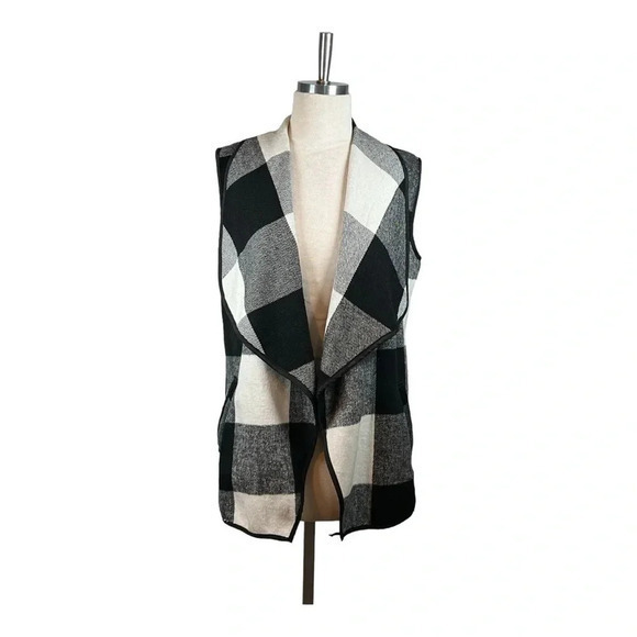BUFFALO PLAID WATERFALL COLLAR VEST BLACK WHITE WOMEN‎ SIZE SMALL - Picture 5 of 8